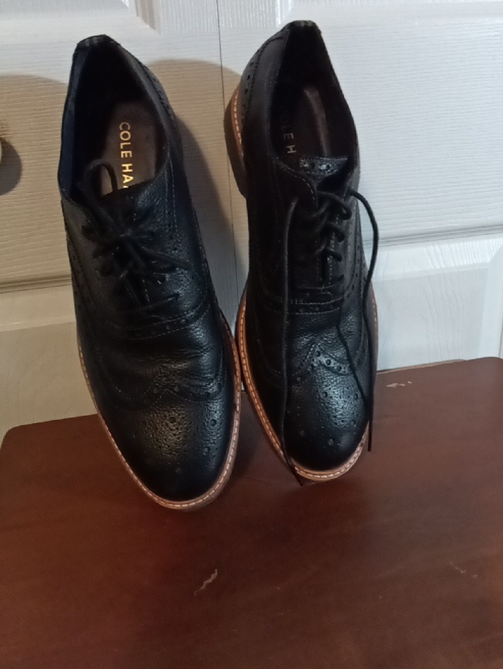 Cole Haan Black Leather Brogue Lace-Up Oxfords with Tan Welt